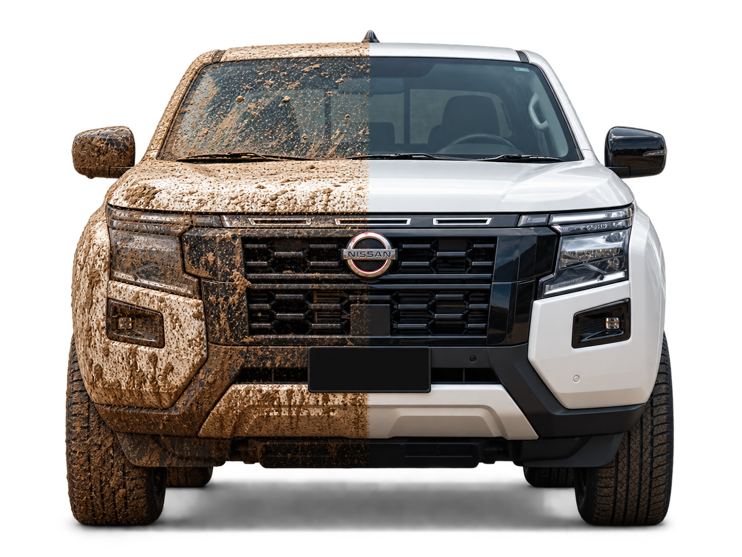 Front of a car shown muddy on one side and freshly detailed on the other