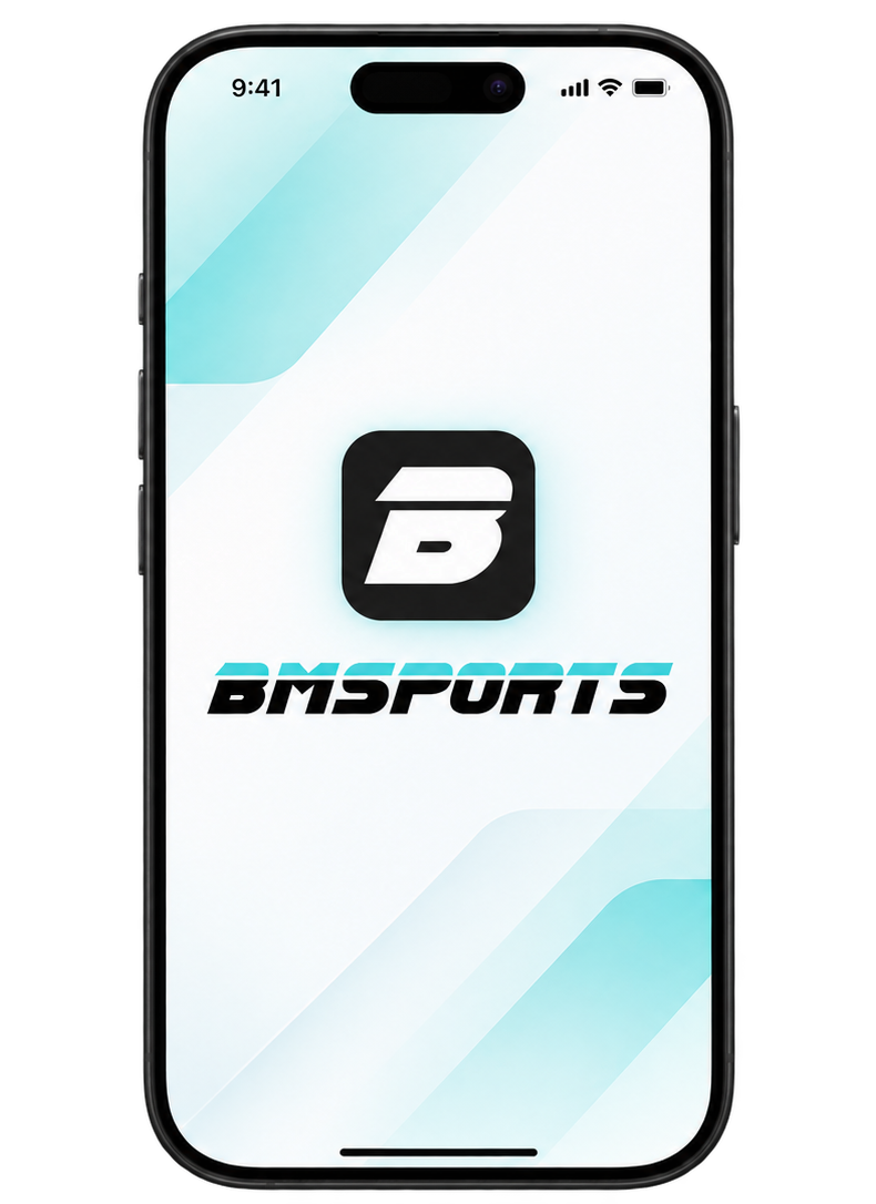 Phone displaying a BMSPORTS app splash-screen concept